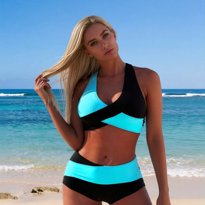Women's Active Two-Piece: Turquoise & Black Color-Block Wrap Crop Top and Matching High-Waisted Boyleg Shorts
