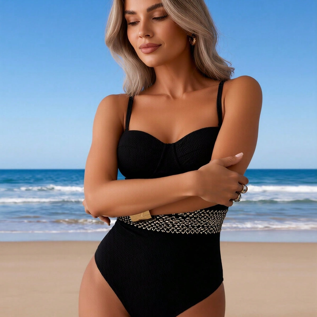 Vacation Style One-Piece: Luxe Gold Accents for a Glamorous and Confident Beach Look