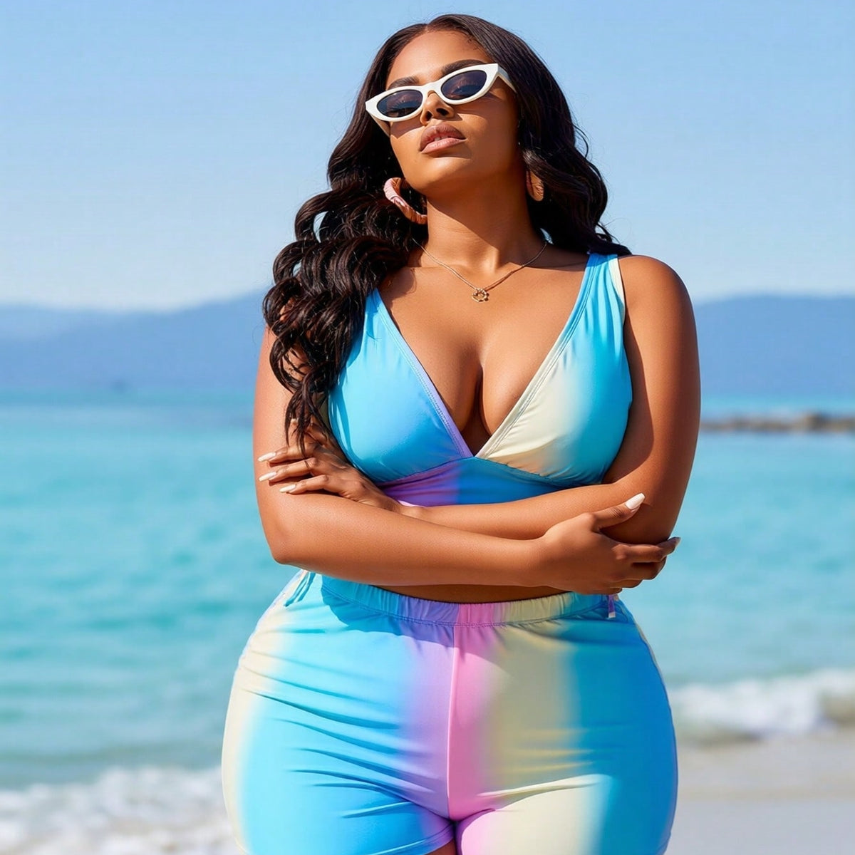 Women's Playful Two-Piece: Pastel Ombre Print Plunge V-Neck Top and Matching High-Waisted Boyleg Shorts