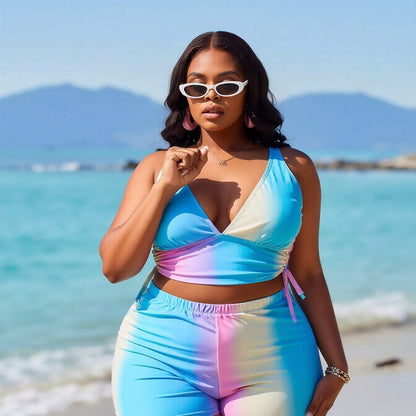Women's Playful Two-Piece: Pastel Ombre Print Plunge V-Neck Top and Matching High-Waisted Boyleg Shorts