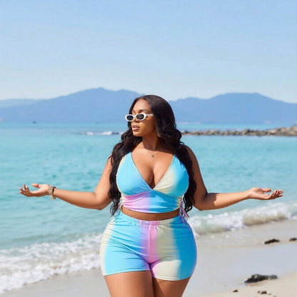 Women's Playful Two-Piece: Pastel Ombre Print Plunge V-Neck Top and Matching High-Waisted Boyleg Shorts