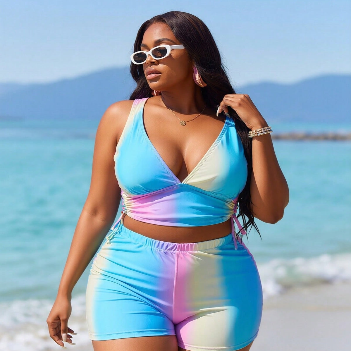Women's Playful Two-Piece: Pastel Ombre Print Plunge V-Neck Top and Matching High-Waisted Boyleg Shorts