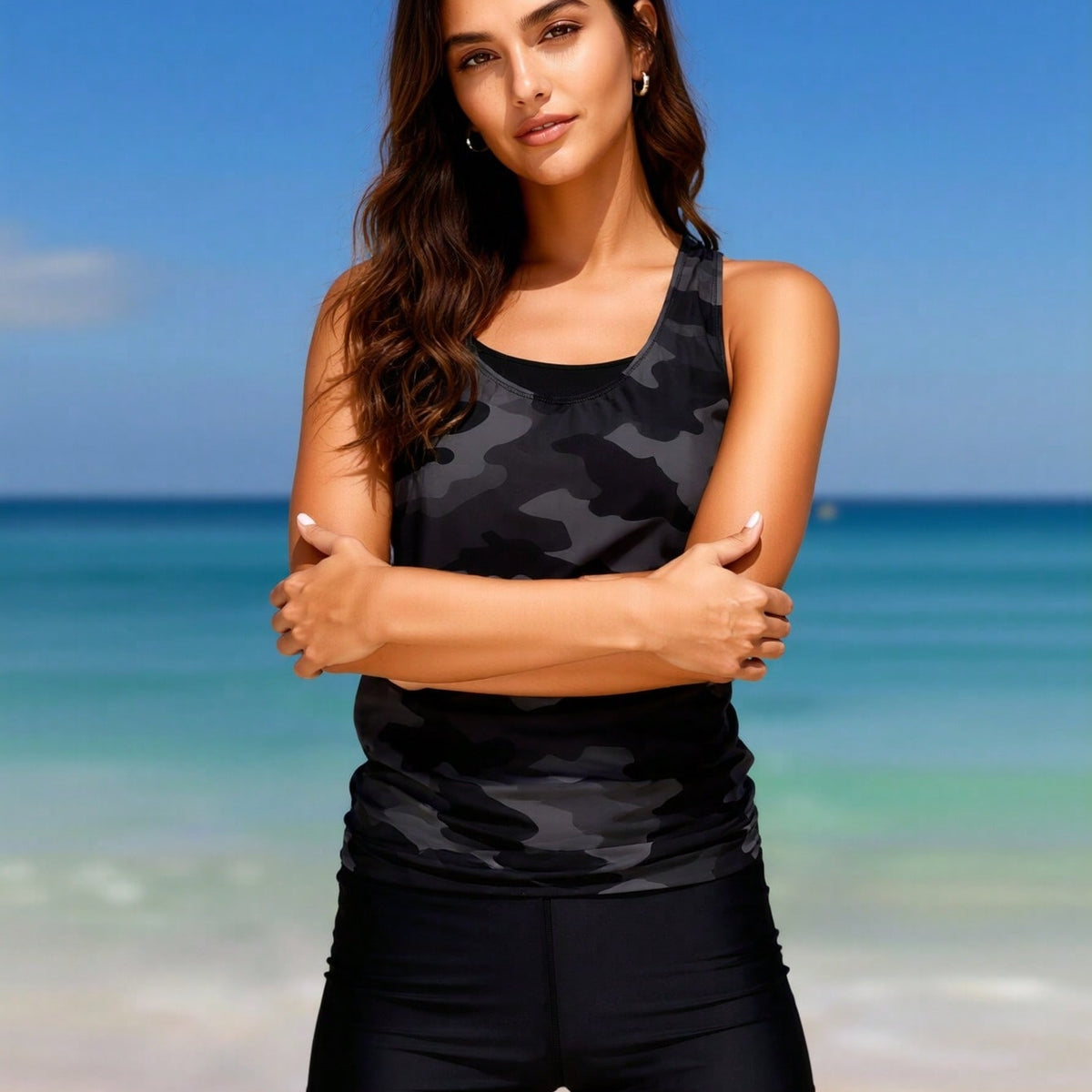 New Women's Sexy Fashion Black Grey Camouflage Two-Piece Boyleg Swimsuit for Vacation & Leisure