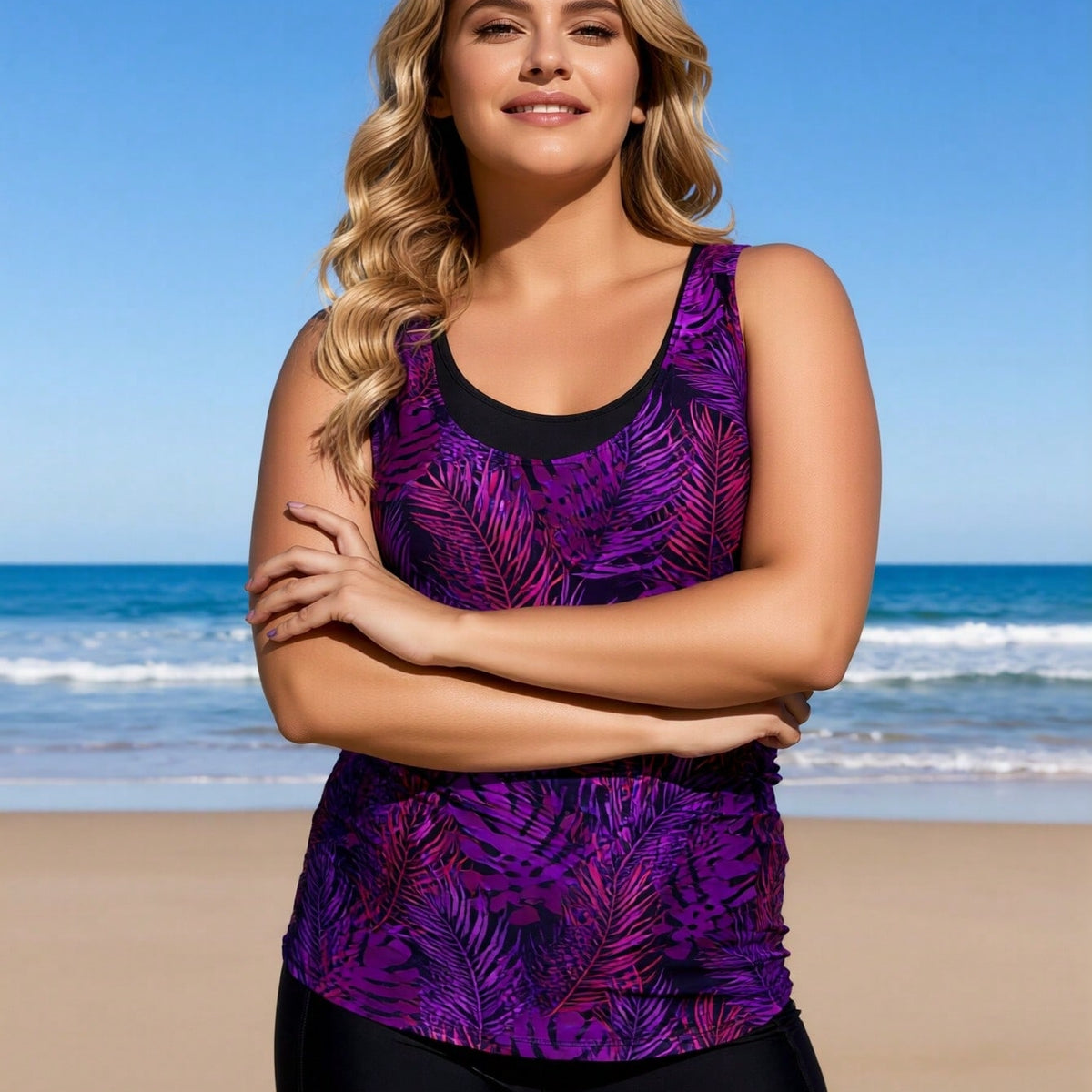 Plus Size Purple Botanical Two-Piece Boyleg Swimsuit