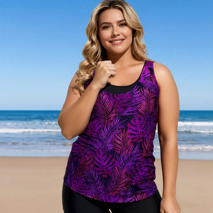 Plus Size Purple Botanical Two-Piece Boyleg Swimsuit