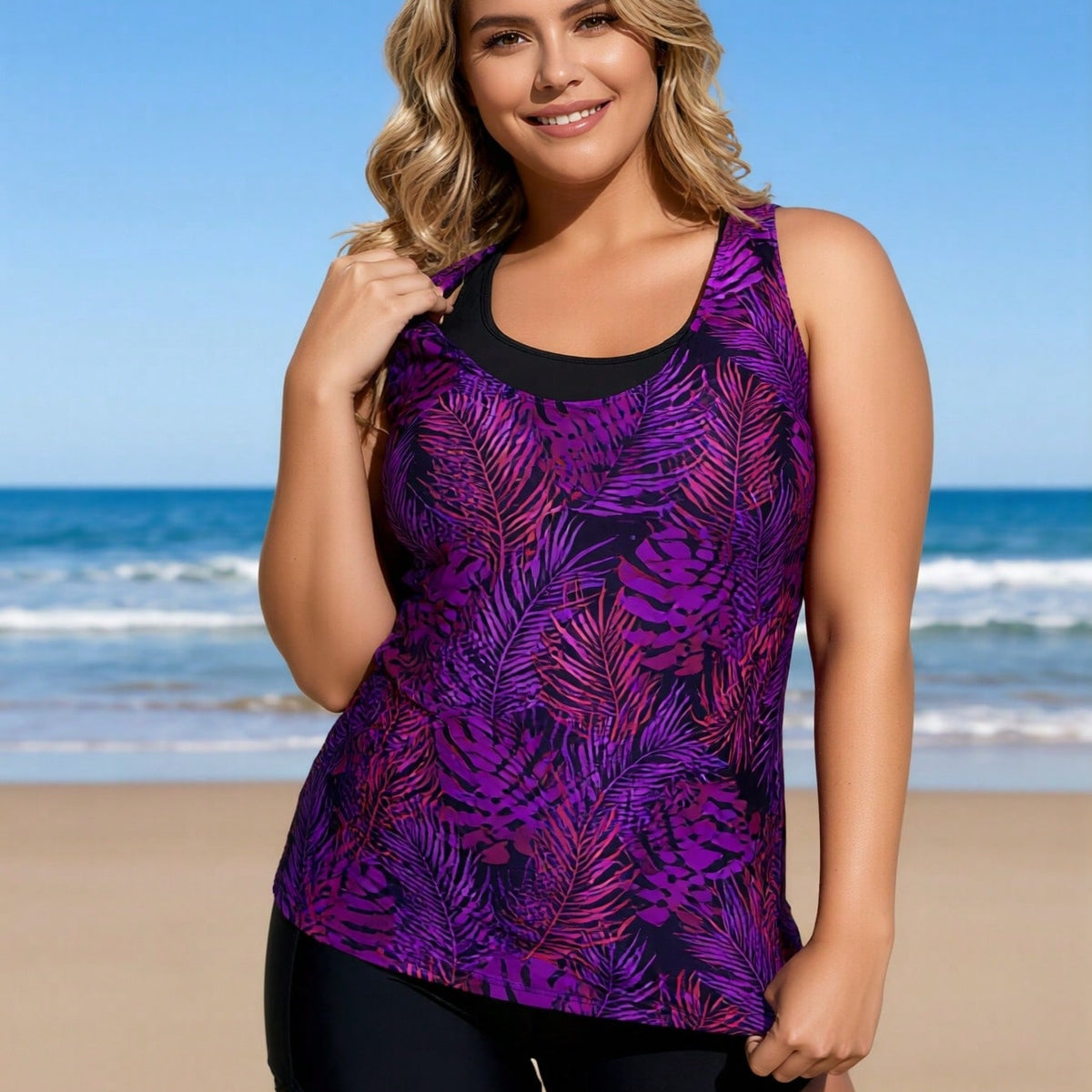 Plus Size Purple Botanical Two-Piece Boyleg Swimsuit