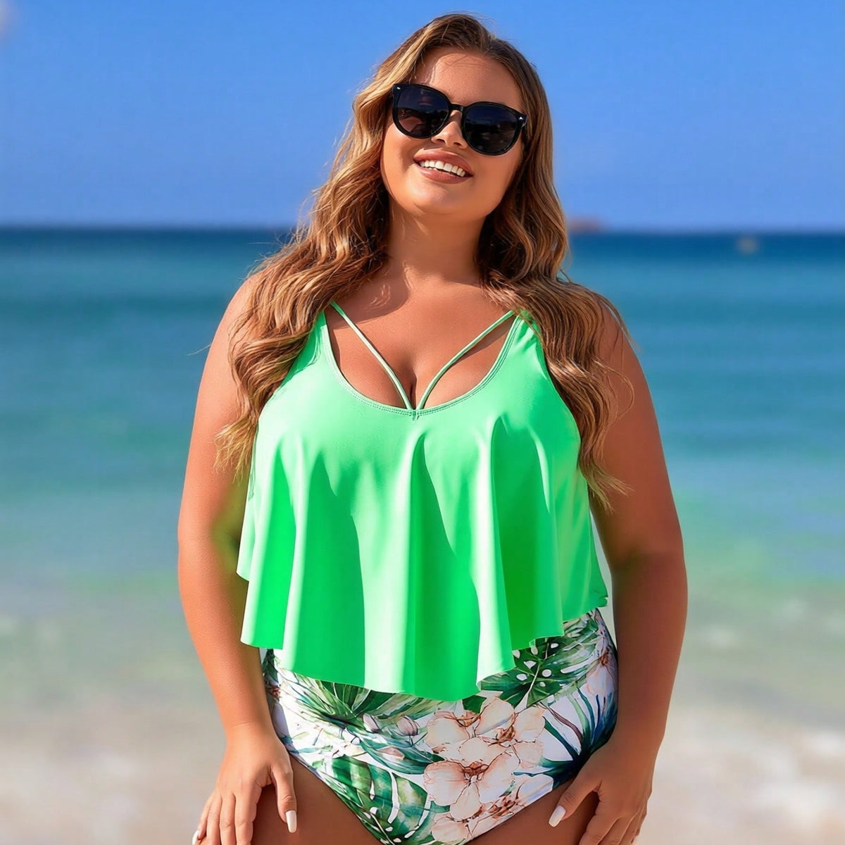 Plus Size Neon Green Ruffle High-Waisted Bikini Set
