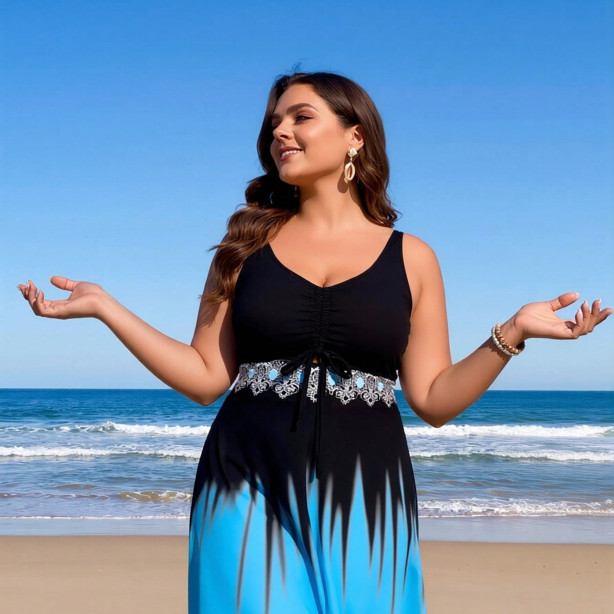 Plus Size Black and Blue Gradient Ruched Lace Swimdress