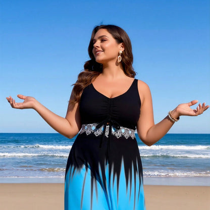 Plus Size Black and Blue Gradient Ruched Lace Swimdress