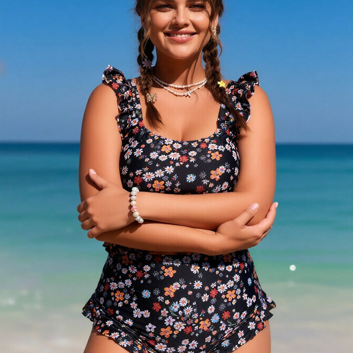 New Plus Size Women's Sexy Fashion Black Floral Ruffled Two-Piece Boyleg Swimsuit for Vacation & Leisure