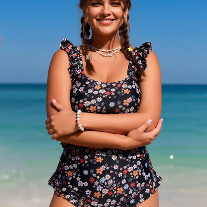 New Plus Size Women's Sexy Fashion Black Floral Ruffled Two-Piece Boyleg Swimsuit for Vacation & Leisure