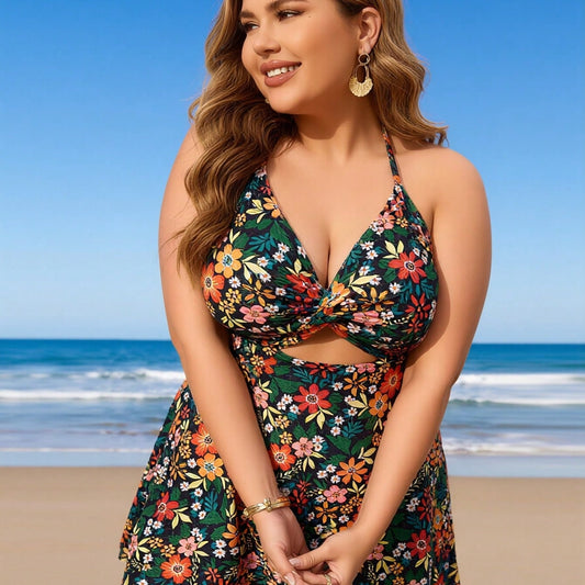 New Plus Size Women's Sexy Fashion Vintage Floral Halter Twist One-Piece Swimdress For Vacation & Leisure