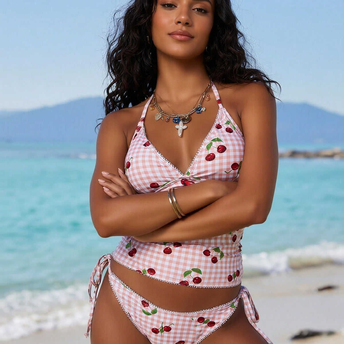 Pink Gingham and Cherry Print Halter Bikini Set