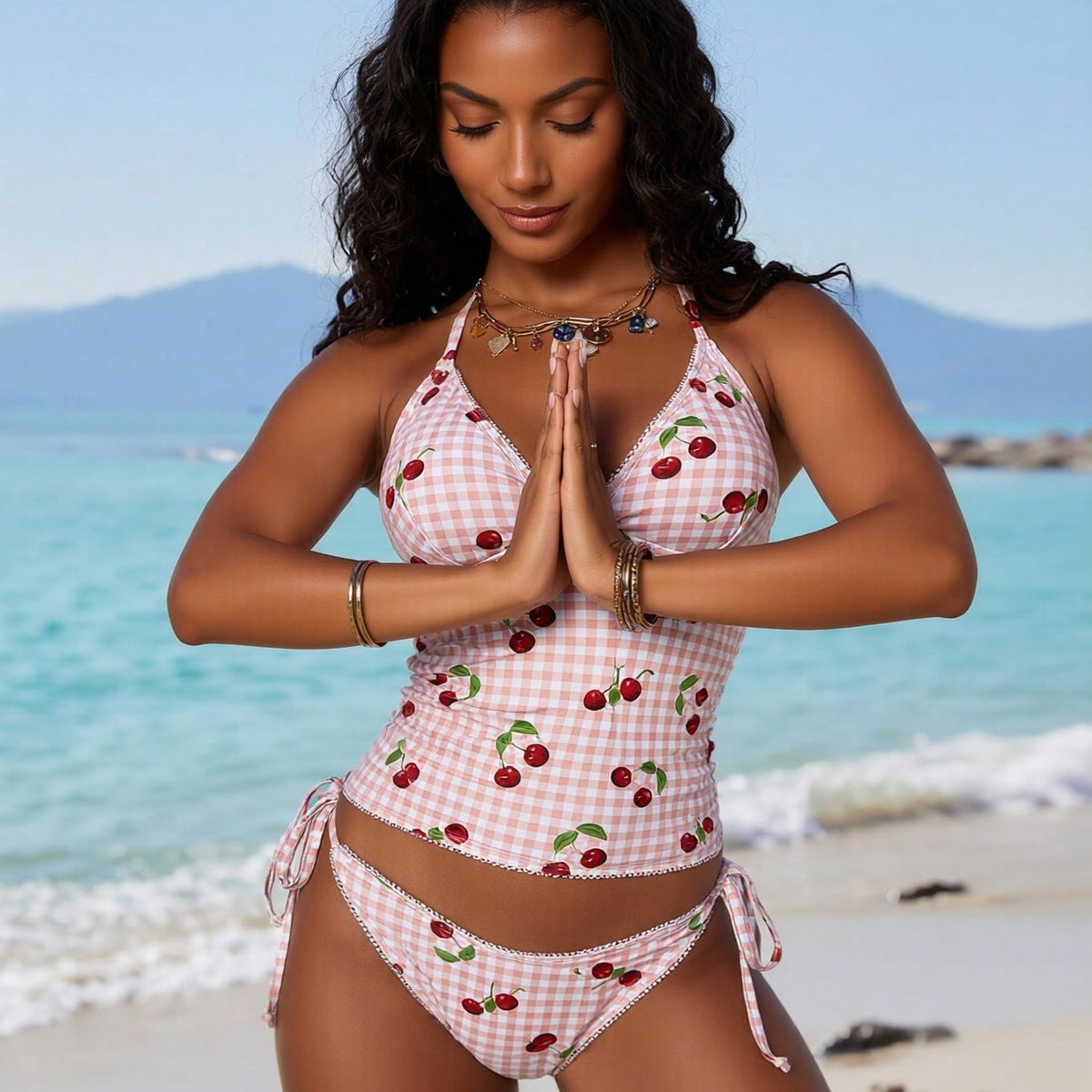 Pink Gingham and Cherry Print Halter Bikini Set