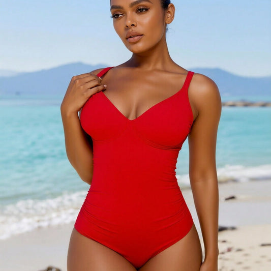 New Women's One-Piece Swimsuit: Vibrant Red With Deep V-Neck, Ruched Tummy Control And Thin Shoulder Straps