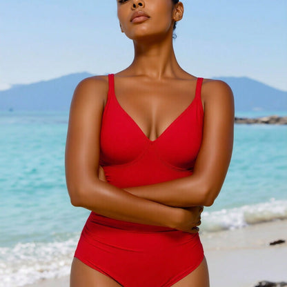 New Women's One-Piece Swimsuit: Vibrant Red With Deep V-Neck, Ruched Tummy Control And Thin Shoulder Straps