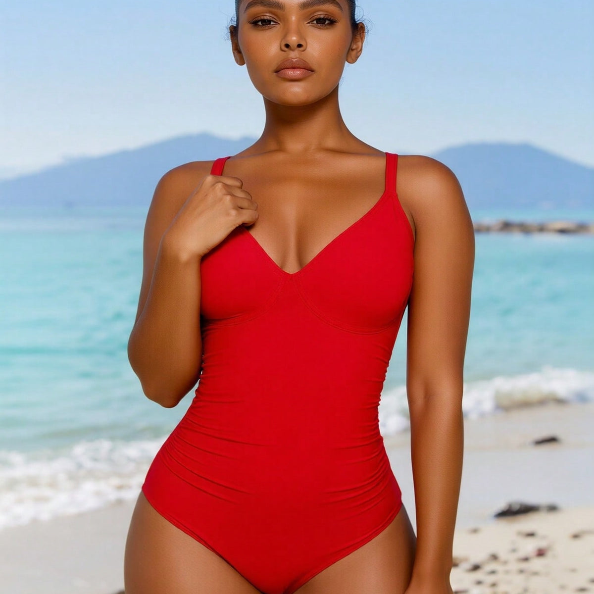 New Women's One-Piece Swimsuit: Vibrant Red With Deep V-Neck, Ruched Tummy Control And Thin Shoulder Straps