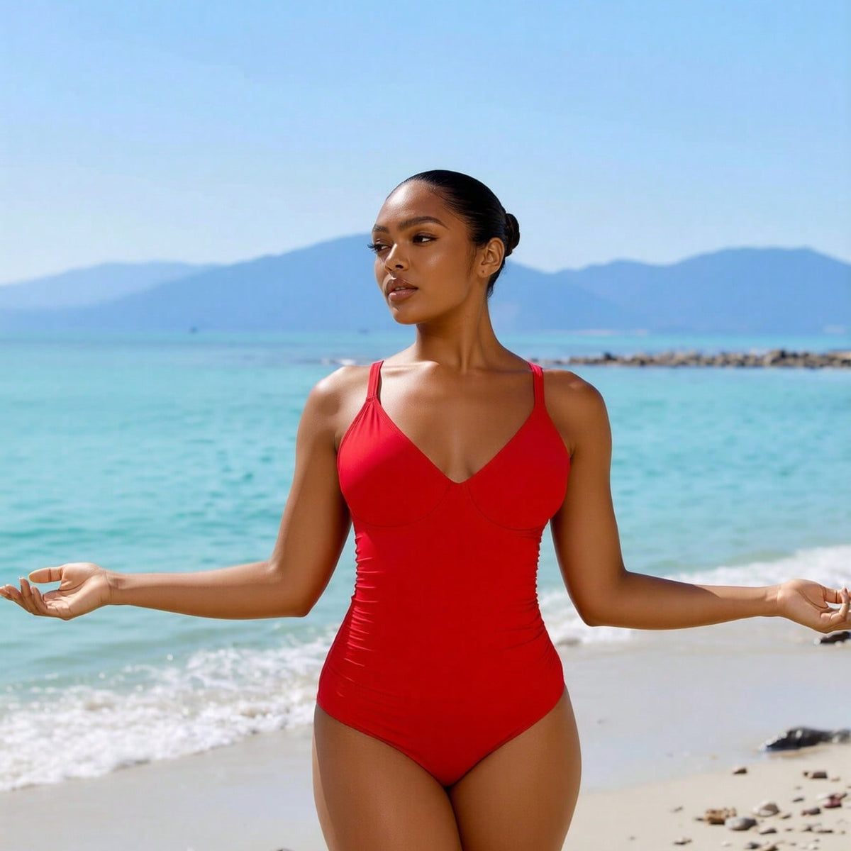 New Women's One-Piece Swimsuit: Vibrant Red With Deep V-Neck, Ruched Tummy Control And Thin Shoulder Straps