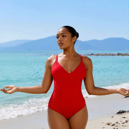 New Women's One-Piece Swimsuit: Vibrant Red With Deep V-Neck, Ruched Tummy Control And Thin Shoulder Straps