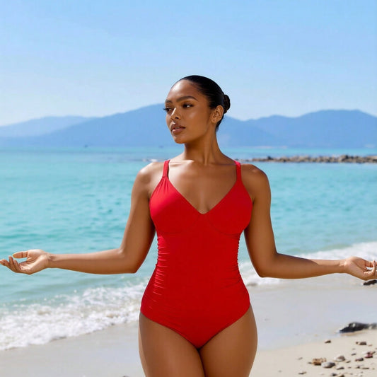 New Women's One-Piece Swimsuit: Vibrant Red With Deep V-Neck, Ruched Tummy Control And Thin Shoulder Straps