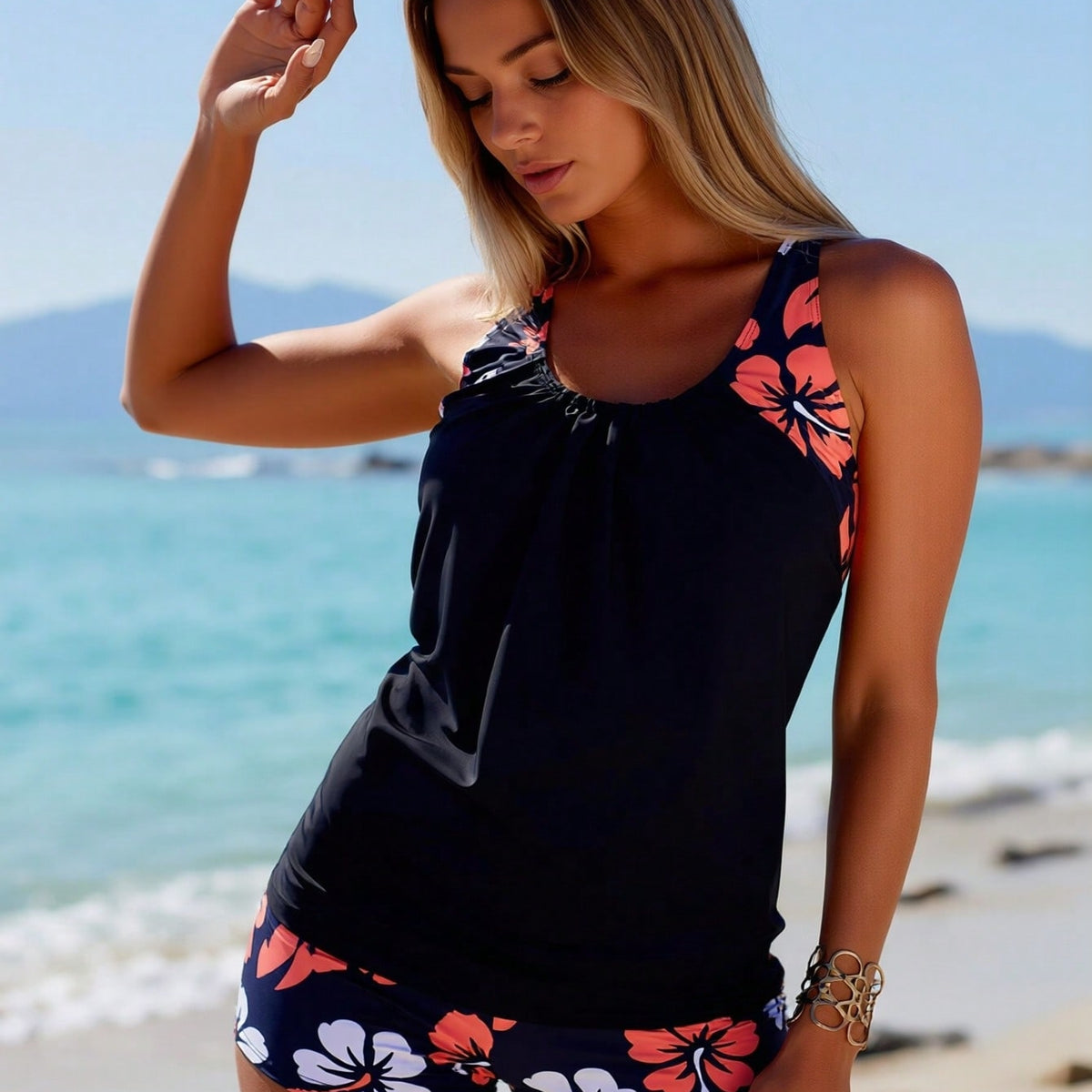 New Women's Tankini: Black with Tropical Floral Print Tank Top and Boyleg Bottoms