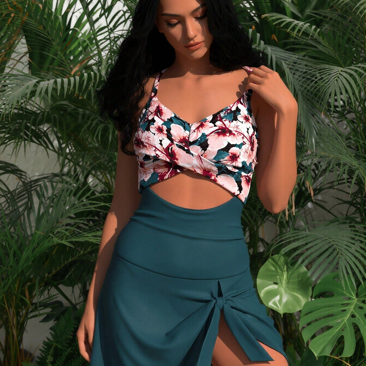 New Women's Swimsuit Set: Contrast Floral Print Twist Halter Cutout One-Piece With Tie-Front Skirted Bottoms