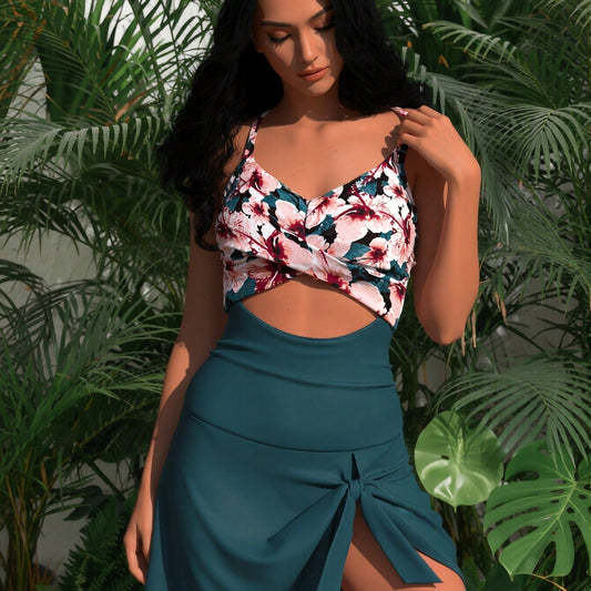 New Women's Swimsuit Set: Contrast Floral Print Twist Halter Cutout One-Piece With Tie-Front Skirted Bottoms
