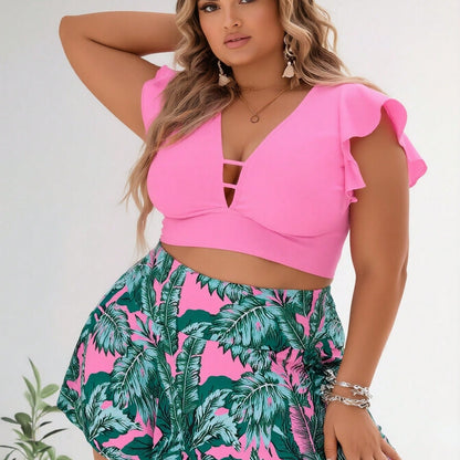 New Women's Plus Size Two-Piece Swimsuit: Hot Pink Ruffled Crop Top with Cutout + Tropical Palm Print Skirted Bottom