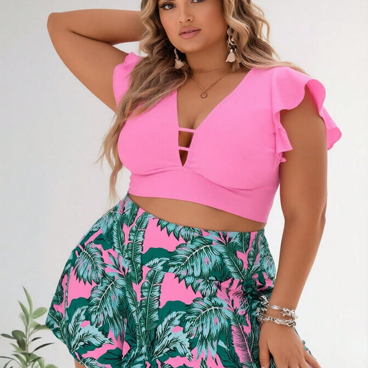 New Women's Plus Size Two-Piece Swimsuit: Hot Pink Ruffled Crop Top with Cutout + Tropical Palm Print Skirted Bottom