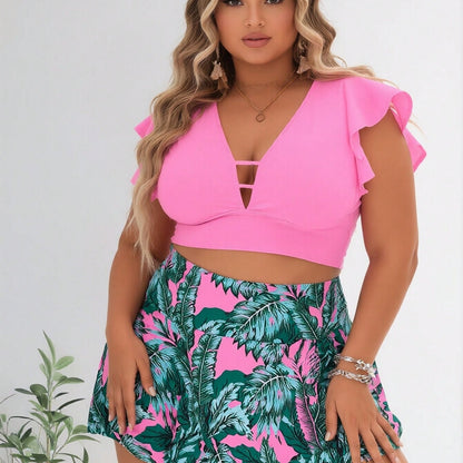 New Women's Plus Size Two-Piece Swimsuit: Hot Pink Ruffled Crop Top with Cutout + Tropical Palm Print Skirted Bottom