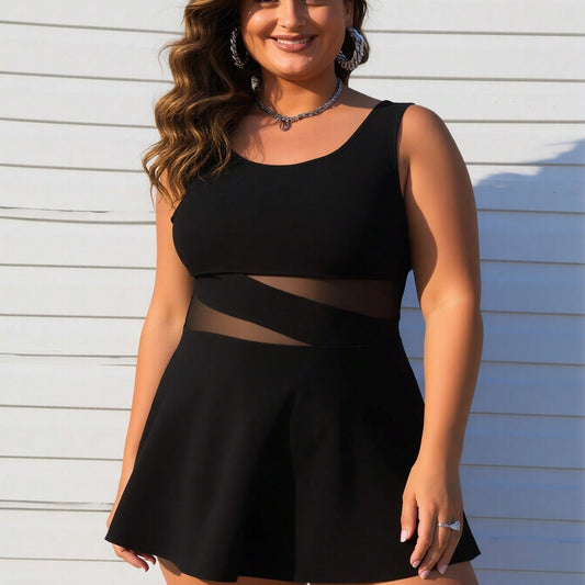 New Women's Plus Size Swimdress: Black with Sheer Mesh Cutout Waist and Flared Skirt
