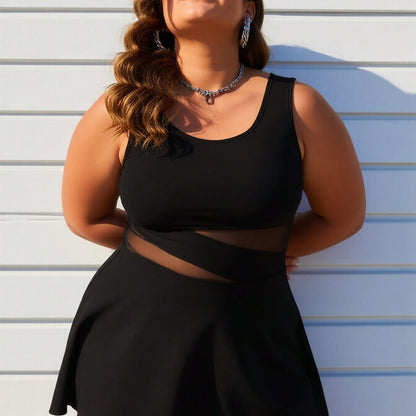 New Women's Plus Size Swimdress: Black with Sheer Mesh Cutout Waist and Flared Skirt