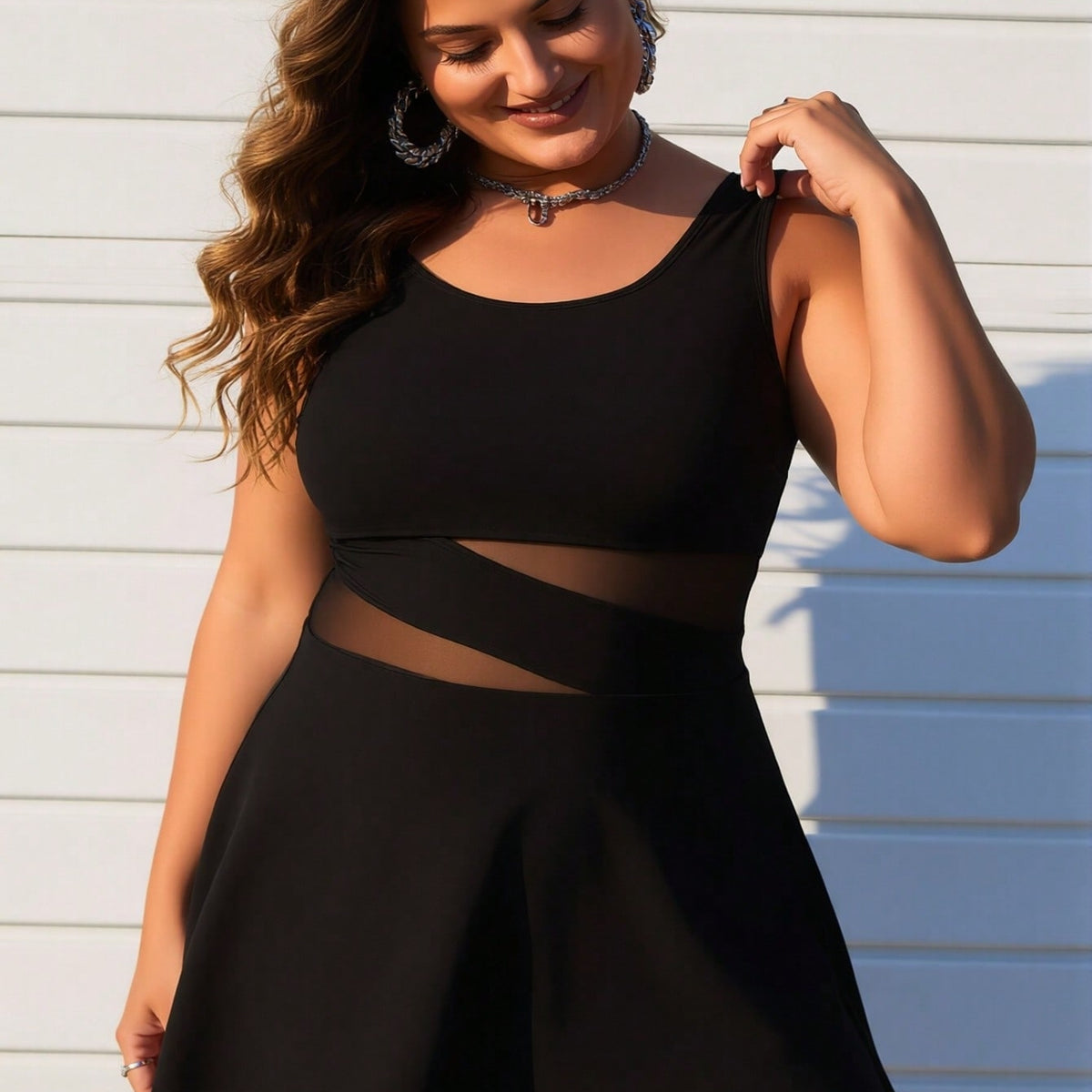 New Women's Plus Size Swimdress: Black with Sheer Mesh Cutout Waist and Flared Skirt