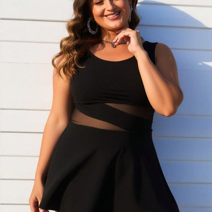 New Women's Plus Size Swimdress: Black with Sheer Mesh Cutout Waist and Flared Skirt