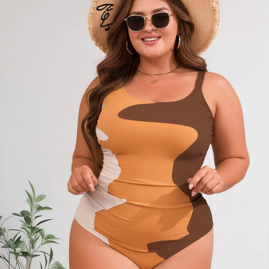 New Women's Plus Size One-Piece Swimsuit: Earth Tone Abstract Color Block with Side Ruched