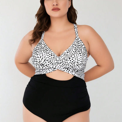 Plus Size Dalmatian Print Twist-Front Cutout One-Piece Swimsuit