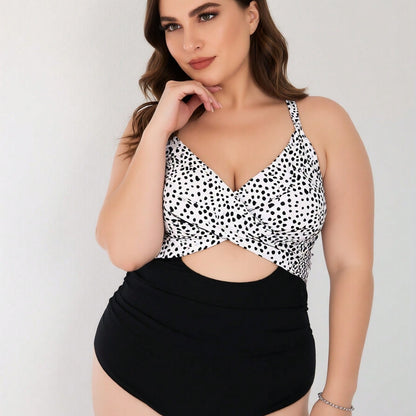 Plus Size Dalmatian Print Twist-Front Cutout One-Piece Swimsuit