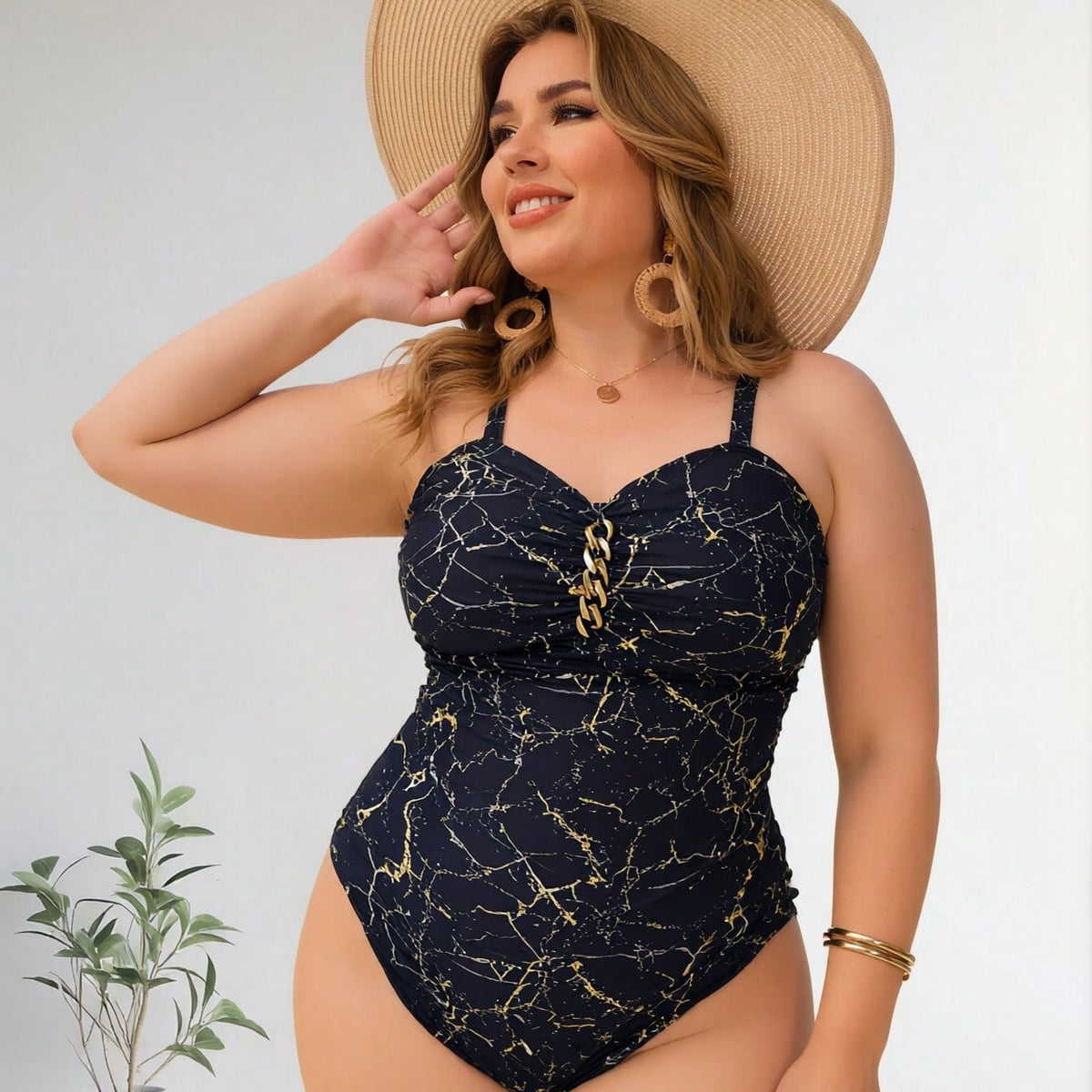 Plus Size Navy Marble Print One-Piece Swimsuit with Chain Detail