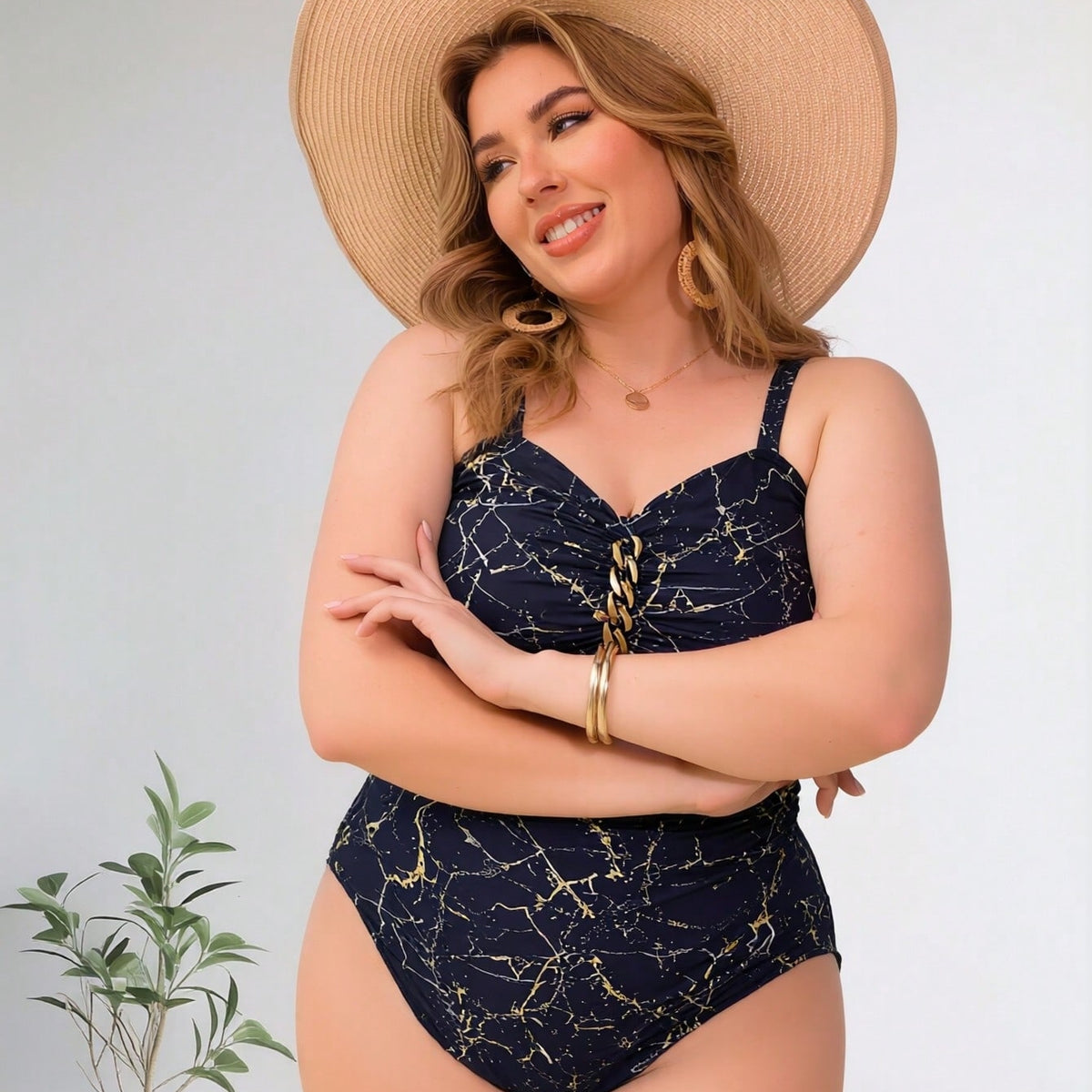 Plus Size Navy Marble Print One-Piece Swimsuit with Chain Detail