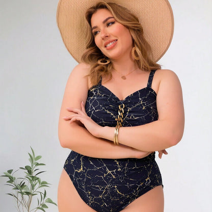 Plus Size Navy Marble Print One-Piece Swimsuit with Chain Detail
