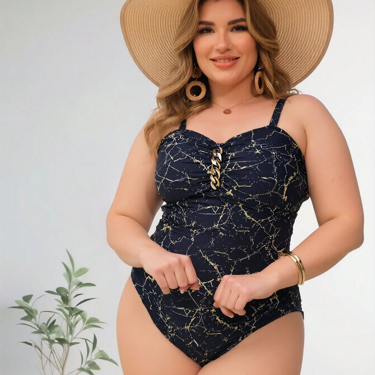 Plus Size Navy Marble Print One-Piece Swimsuit with Chain Detail