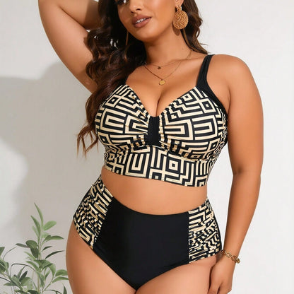 New Women's Plus Size Bikini Set: Black & Gold Geometric Print Crop Top + High-Waisted Bottom With Side Panels