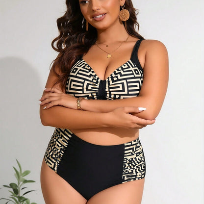 New Women's Plus Size Bikini Set: Black & Gold Geometric Print Crop Top + High-Waisted Bottom With Side Panels