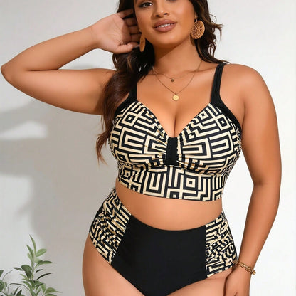 New Women's Plus Size Bikini Set: Black & Gold Geometric Print Crop Top + High-Waisted Bottom With Side Panels