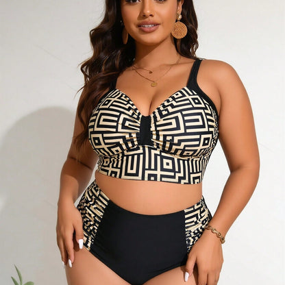 New Women's Plus Size Bikini Set: Black & Gold Geometric Print Crop Top + High-Waisted Bottom With Side Panels