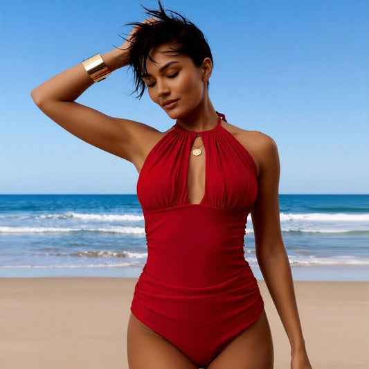 New Women's Sexy Fashion Red Halter Ruched Cutout One-Piece Swimsuit For Vacation & Leisure Swimwear