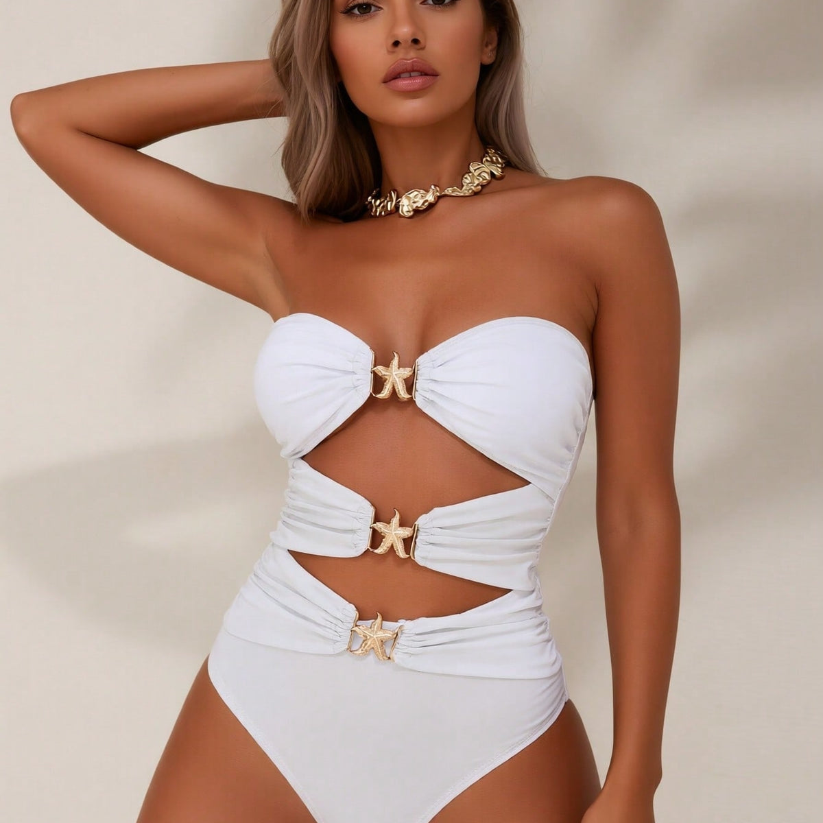 White Backless One-Piece Swimsuit with Buckle Detail