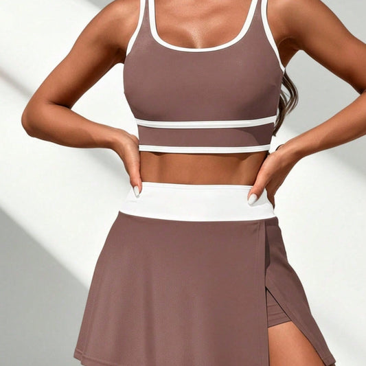 Elevated Neutral Tankini - Mocha Crop Top, White-Trimmed Wrap Skirt, Perfect For Sophisticated Coastal Vacations & Pool Days