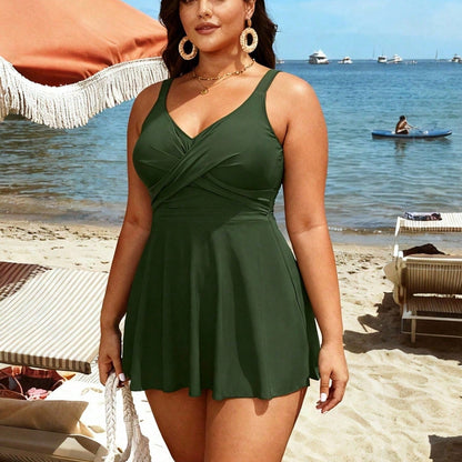 Plus Size Olive Green V-Neck Swim Dress
