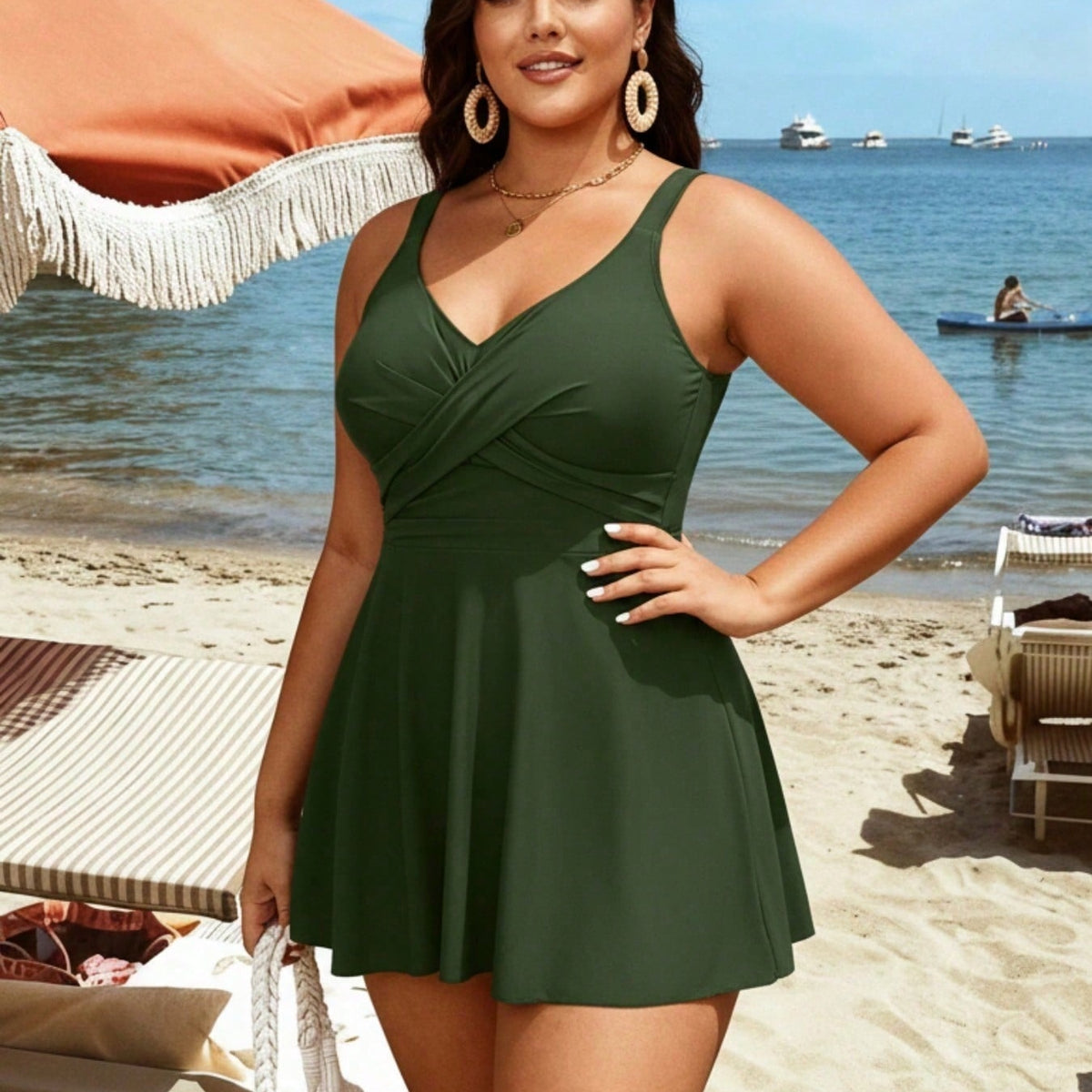 Plus Size Olive Green V-Neck Swim Dress